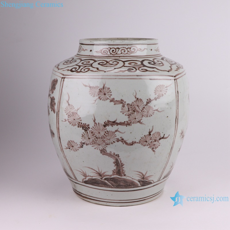 RZSX62 Porcelain Round shape Underglaze red Color Pine bamboo plum flower Ceramic Pot Jars