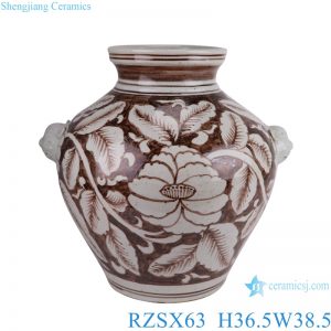 RZSX63 Underglaze red lion head Pine bamboo Flower Pattern Ceramic Pot Jars Vases