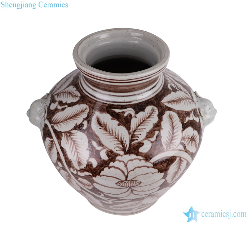 RZSX63 Underglaze red lion head Pine bamboo Flower Pattern Ceramic Pot Jars Vases