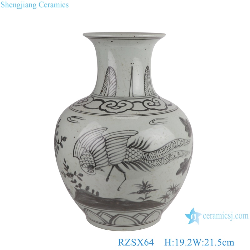 Ink color Ceramic Tabletop Vase Caragana Bird and flower Pattern Round Shape Bottle