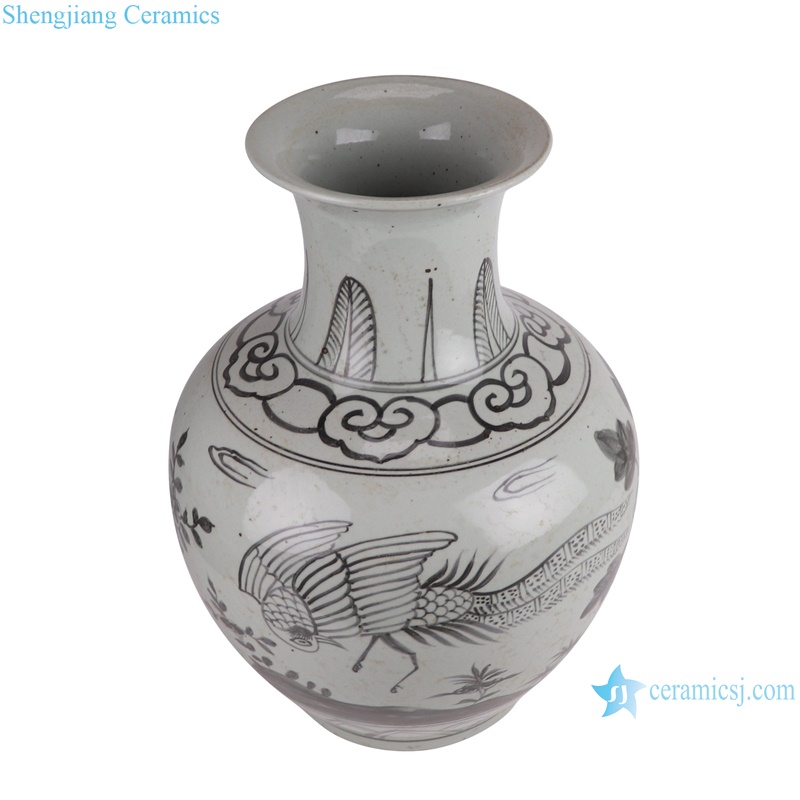RZSX64 Ink color Ceramic Tabletop Vase Caragana Bird and flower Pattern Round Shape Bottle