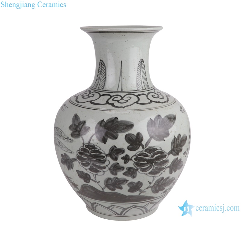 RZSX64 Ink color Ceramic Tabletop Vase Caragana Bird and flower Pattern Round Shape Bottle