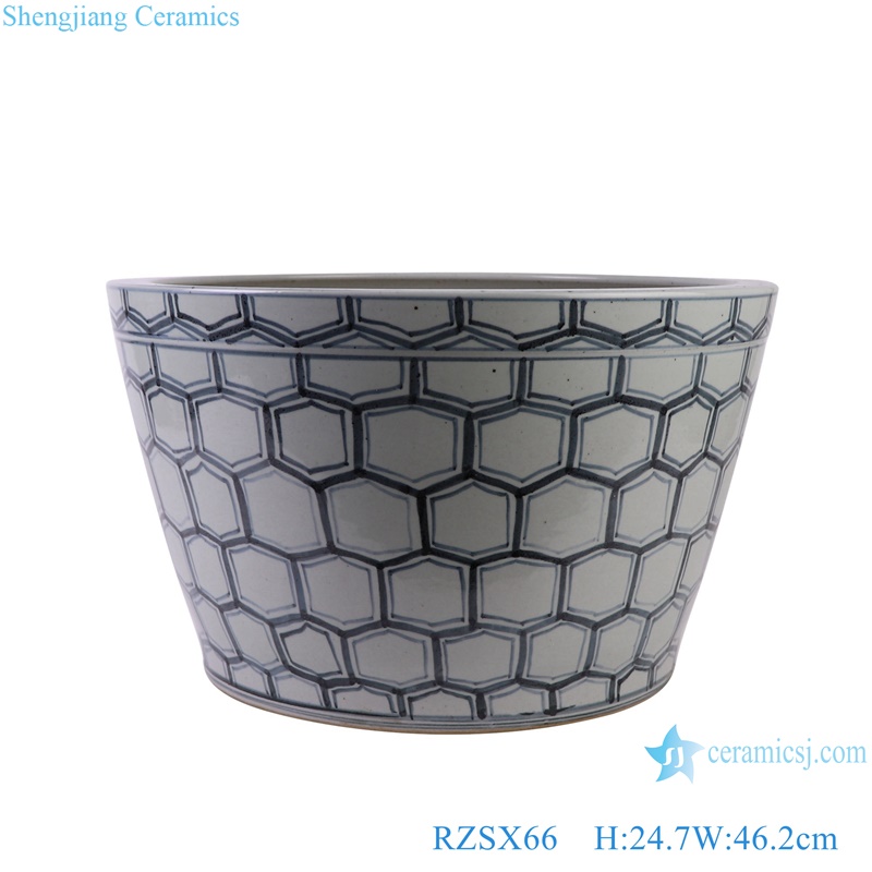 Hexagonal geometric pattern Blue and white Porcelain Ceramic Big Bowl