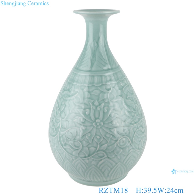 Green Glazed color Porcelain spring bottle Carved Twisted flower ceramic vase