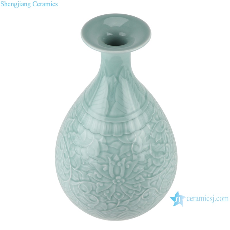 RZTM18 Green Glazed color Porcelain spring bottle Carved Twisted flower ceramic vase