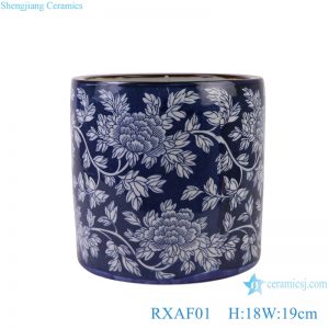 RXAF01 Dark Blue Color Glazed Porcelain Peony flower Pattern Vases Ceramic Pen Holder