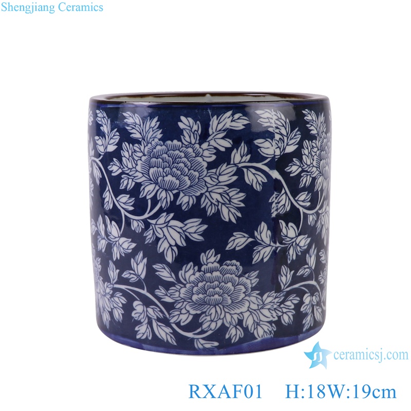 Dark Blue Color Glazed Porcelain Peony flower Pattern Vases Ceramic Pen Holder
