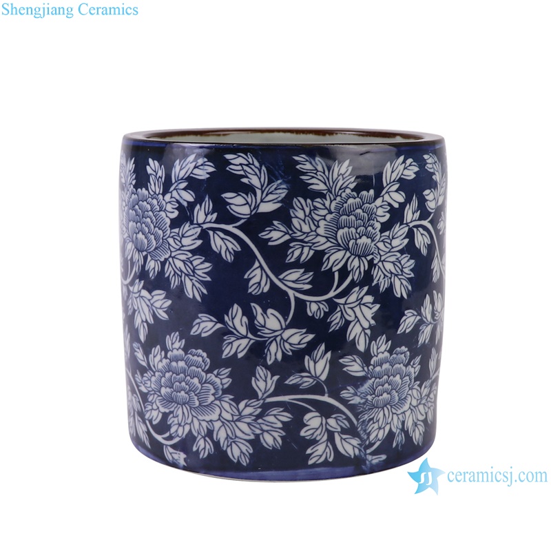 RXAF01 Dark Blue Color Glazed Porcelain Peony flower Pattern Vases Ceramic Pen Holder