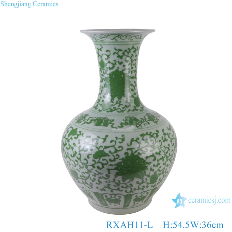 Color Green Glazed Full Twisted Flower Pattern Appreciated Bottle Porcelain Vase Decor