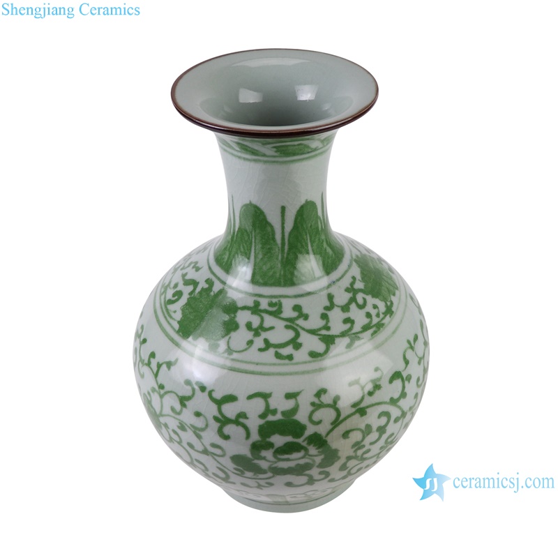 RXAH11-L-S Color Green Glazed Full Twisted Flower Pattern Appreciated Bottle Porcelain Vase Decor