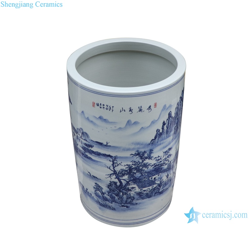 RXAZ05 Jingdezhen Porcelain Blue and White Hand painted Landscape Pattern Ceramic Umbrella Stand