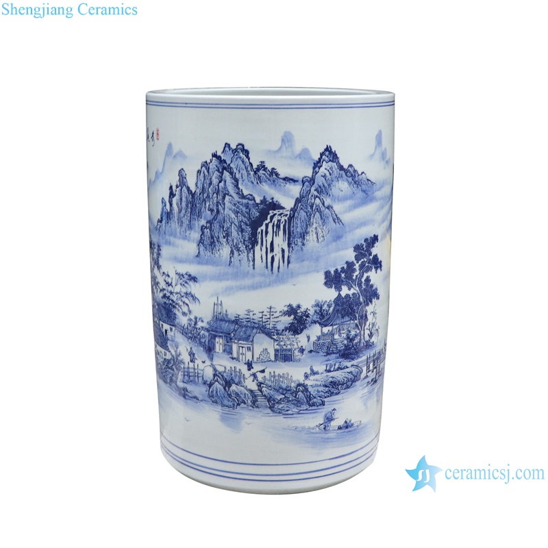 RXAZ05 Jingdezhen Porcelain Blue and White Hand painted Landscape Pattern Ceramic Umbrella Stand