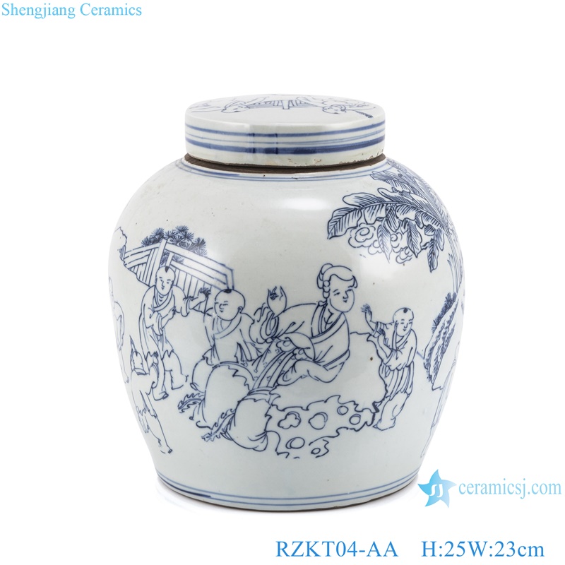 Blue and White Porcelain Tea Canister Girls play with Children Pattern Ceramic Flat jars