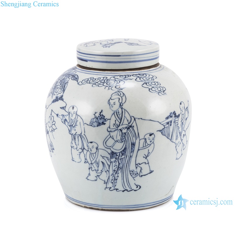 RZKT04-AA Blue and White Porcelain Tea Canister Girls play with Children Pattern Ceramic Flat jars