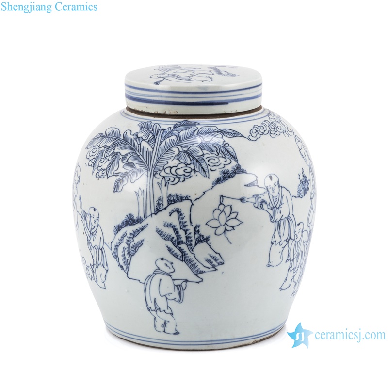 RZKT04-AA Blue and White Porcelain Tea Canister Girls play with Children Pattern Ceramic Flat jars