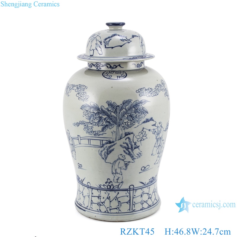 Blue and White Porcelain Storage PotGirls play with Children  Ceramic Temple Lidded Ginger Jars