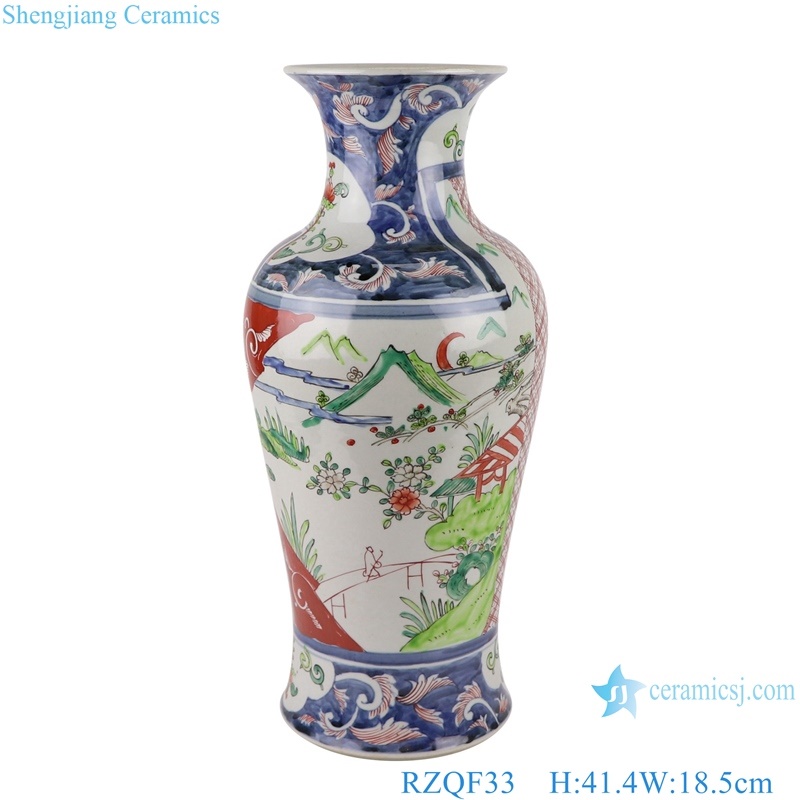 RZQF33 Chinese hand painted colorful landscape figure fishtail bottle ceramic vase