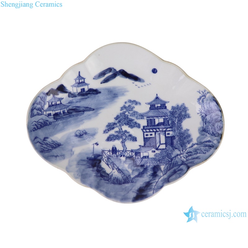 RZSI41 Blue and White High foot Landscape Pattern Flower Oval shape Ceramic Fruit Plate