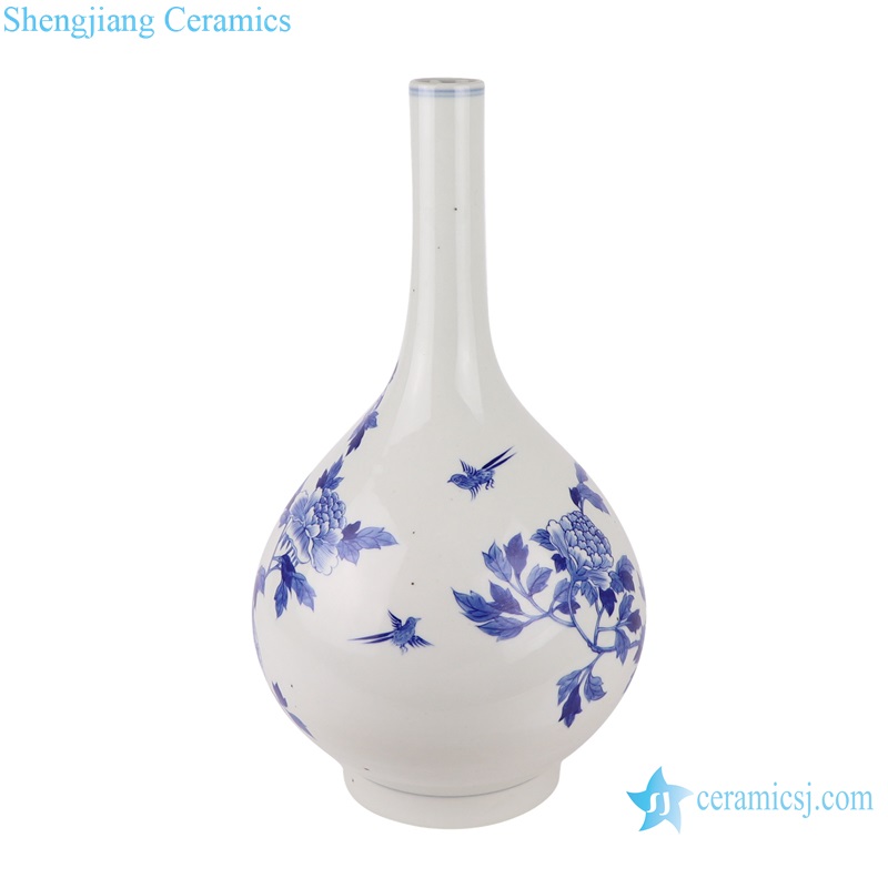 RZUL07-A Blue and White Porcelain Peony flower and Bird Pattern Table top Vase decor