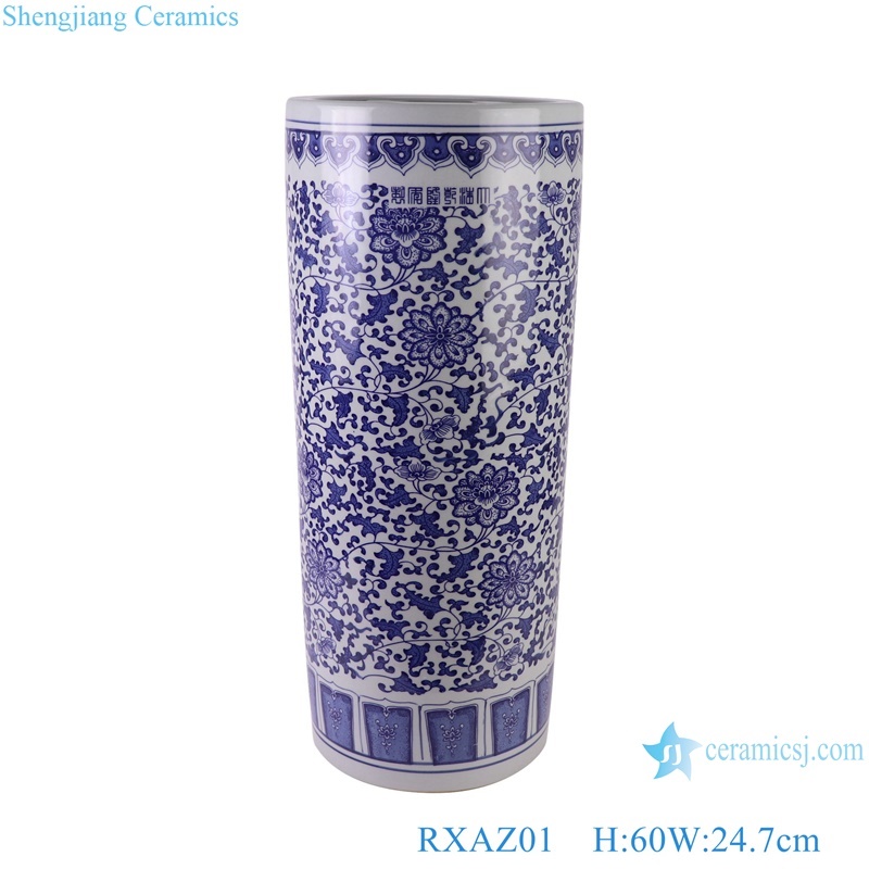 RXAZ01 Jingdezhen blue and white interlocking branch lotus pattern arrow barrel straight barrel umbrella stand