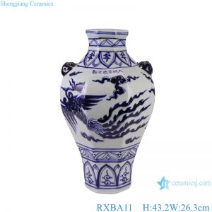 RXBA11 Blue and White hand painted phoenix pattern lion ear eight-square porcelain vase