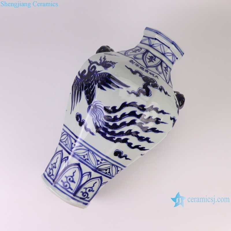 RXBA11 Blue and White hand painted phoenix pattern lion ear eight-square porcelain vase