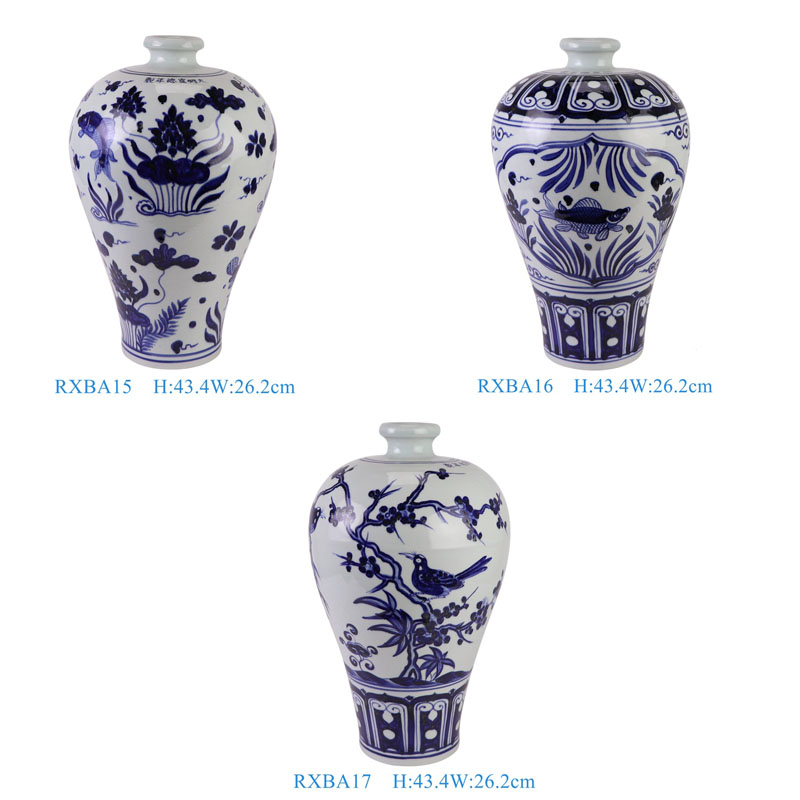 RXBA15 Jingdezhen hand painted blue and white fish and alga pattern meiping bottle ceramic vase
