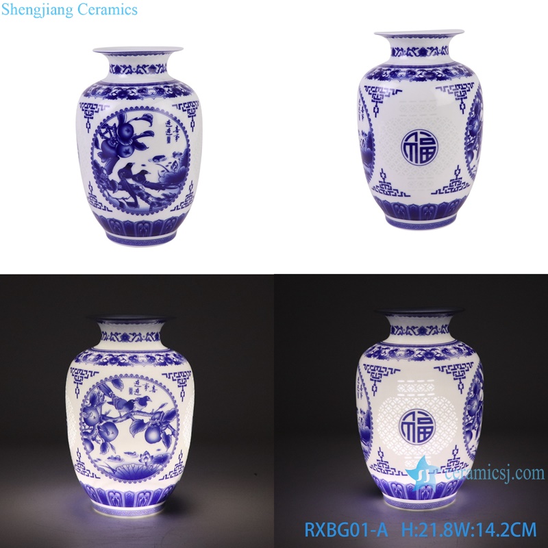 Jingdezhen Porcelain Hollow out Flower and Bird Pattern Wax gourd Shape Ceramic Flower Vase