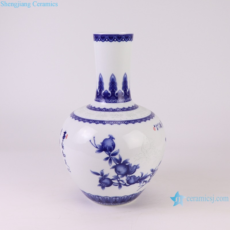 RXBG13-A Blue and White Porcelain Flower and Bird Pattern Letters Globular Ceramic flower vase