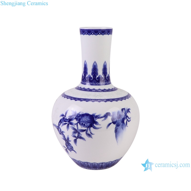 RXBG13-A Blue and White Porcelain Flower and Bird Pattern Letters Globular Ceramic flower vase