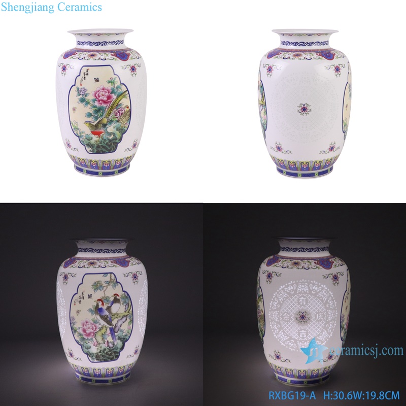 RXBG19-A Colorful Exquisite IOpen window Hollow out Porcelain Flower and Bird Pattern Ceramic Flower Vase
