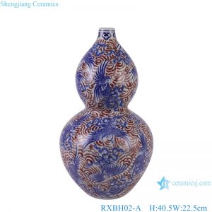 RXBH02-A unique hand painted blue and red antique crane pattern gourd shape ceramic vase