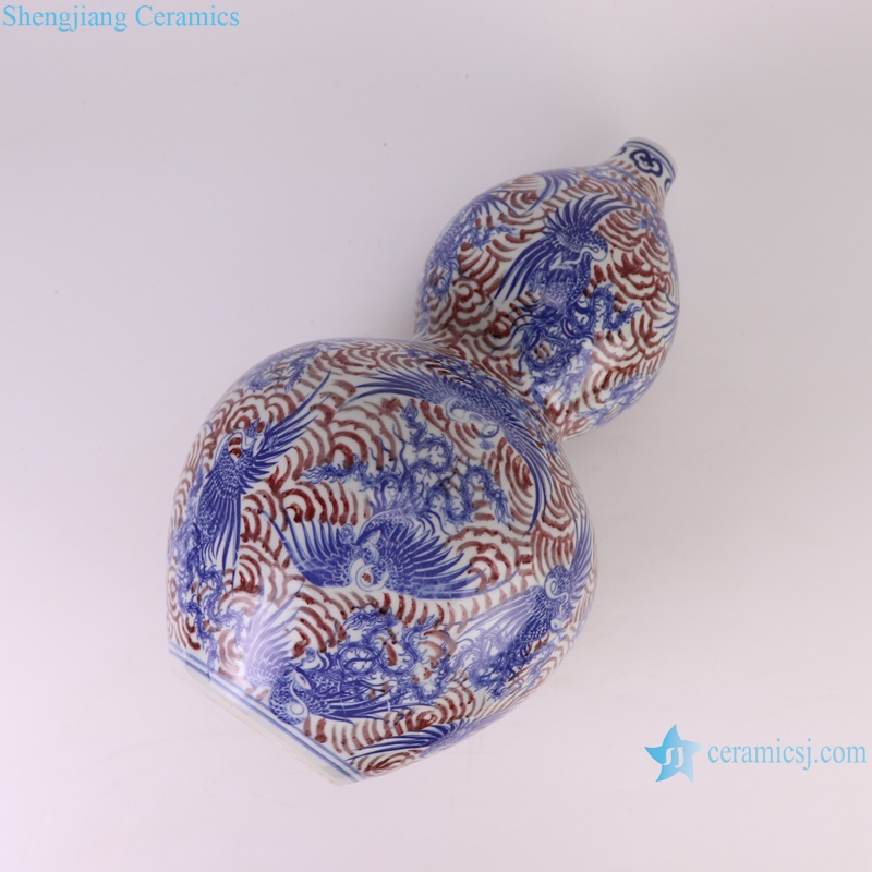 RXBH02-A unique hand painted blue and red antique crane pattern gourd shape ceramic vase