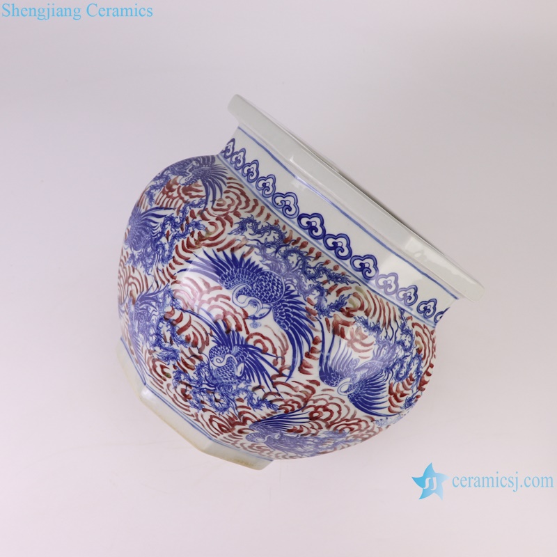 RXBH03-A hand painted red and blue phoenix pattern eight-sides ceramic planter