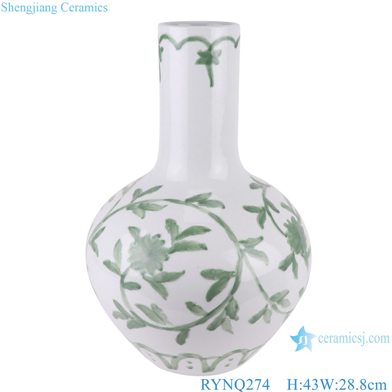 Jingdezhen Porcelain Twisted Flower Pattern Green and White Ceramic Globular Tabletop Vase 