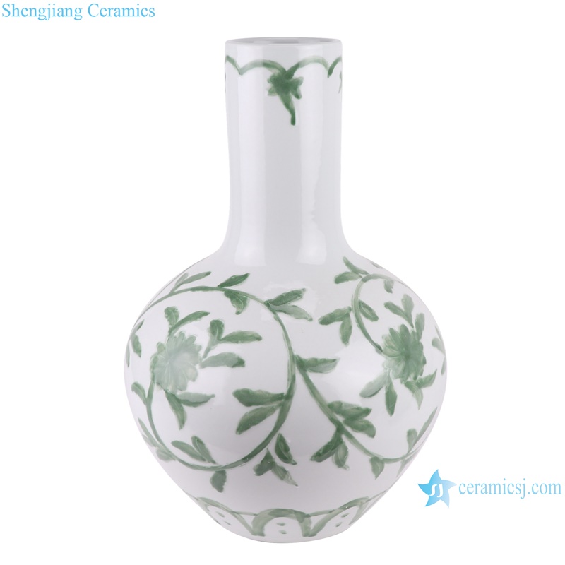 RYNQ274 Jingdezhen Porcelain Twisted Flower Pattern Green and White Ceramic Globular Tabletop Vase
