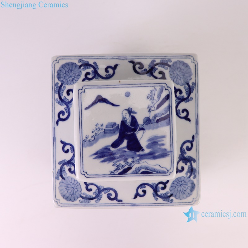RYQQ10-E Jingdezhen Blue and White open window figure landscape square pot