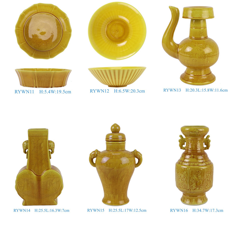 RYWN16 Ji yellow glaze carving auspicious pattern double ears ceramic ornament