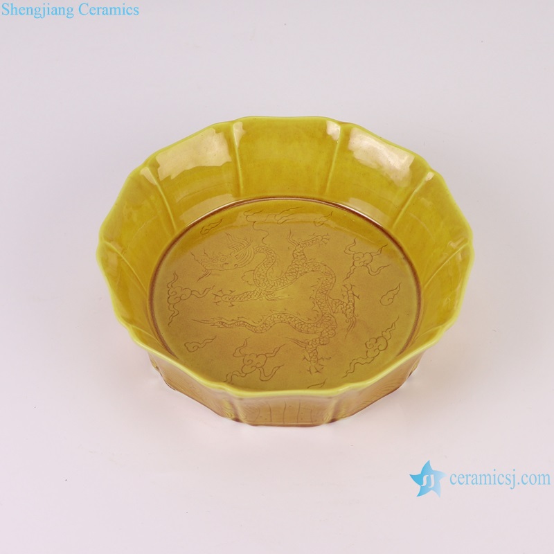 RYWN11 Ji yellow glaze carving polygon ceramic plate