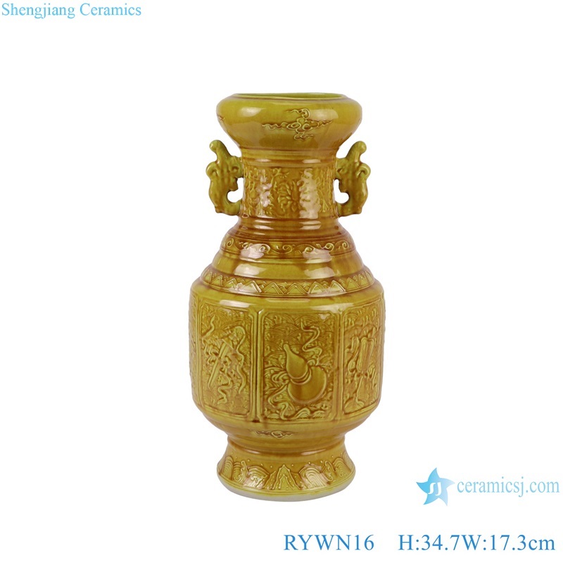 RYWN16 Ji yellow glaze carving auspicious pattern double ears ceramic ornament