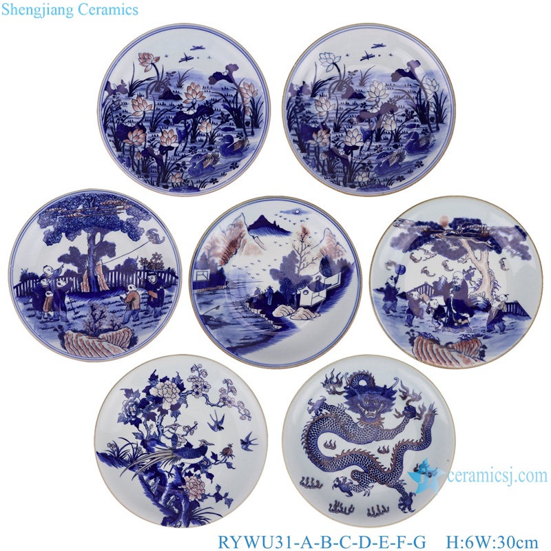 RYWU31-A-B-C-D-E-F-G Jingdezhen Porcelain Underglazed red landscape, dragon, different flower and bird pattern Ceramic Decorative plate