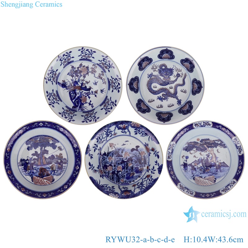 RYWU32-a-b-c-d-e Underglaze red Blue and White landscape, dragon, flower and bird patterns Jingdezhen Ceramic Decorative plate