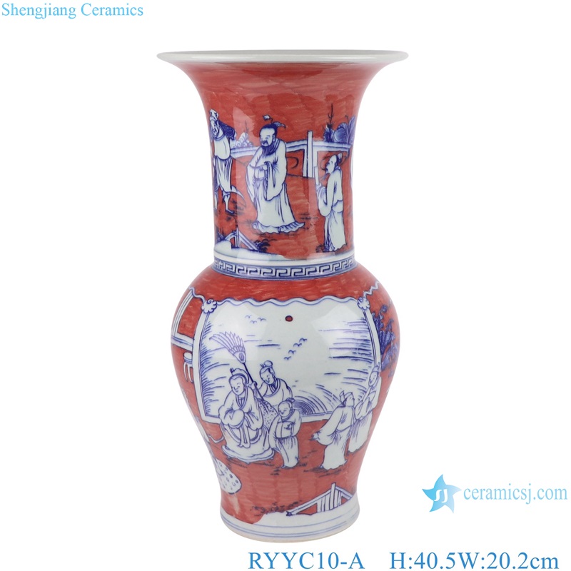 Underglazed Red , Blue and White Porcelain Ancestor Kids Playing Pattern Ceramic Decorative Flower vase