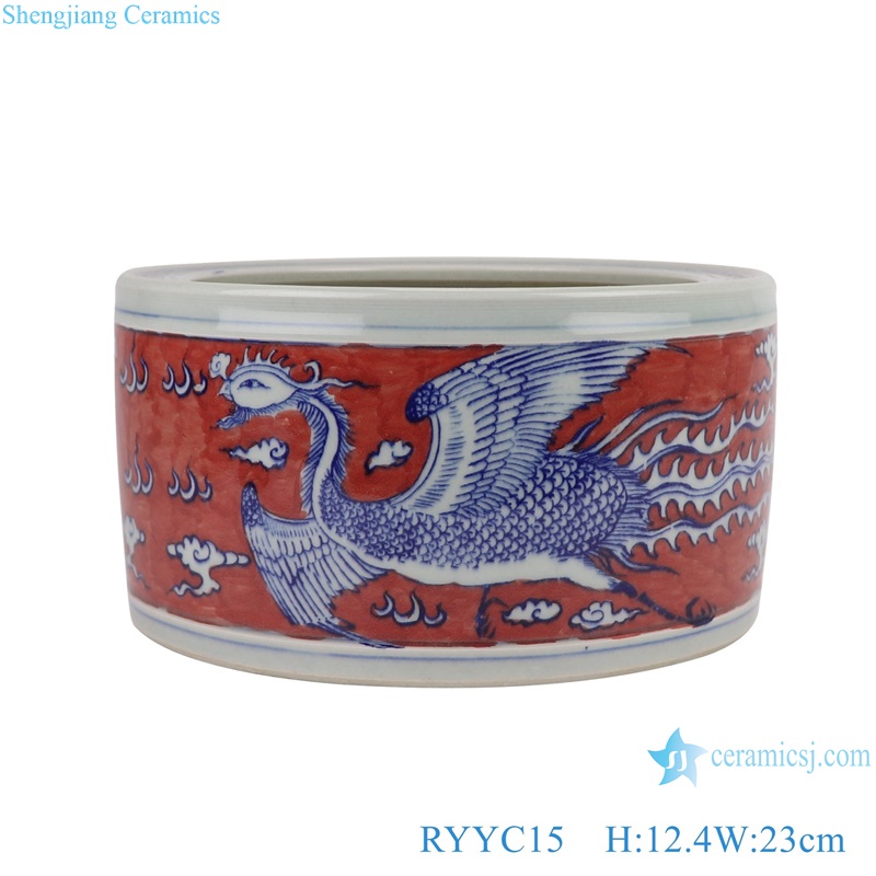 Red Color Glazed Blue and White Porcelain Phoenix Patterns Ceramic Incense burner Small flower Pot 