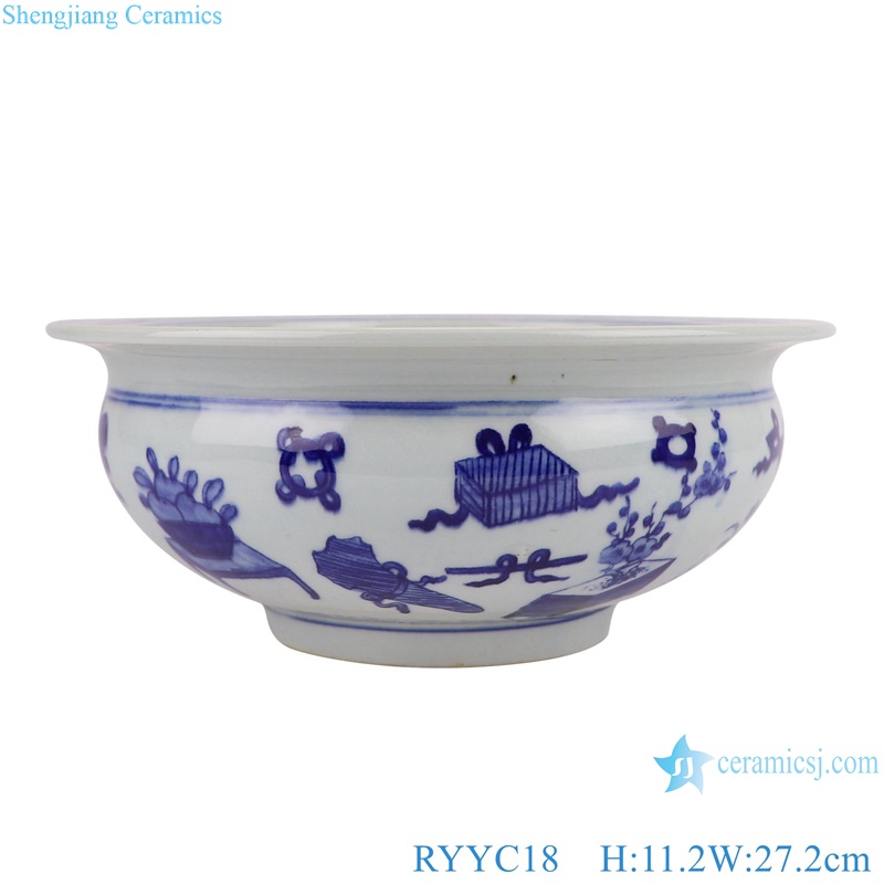 Jingdezhen Blue and White Antique Bogut Pattern Ceramic Incense burner Shallow Pot Fish Pond