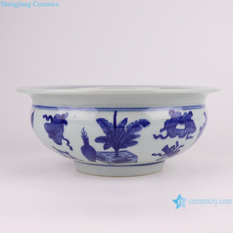 RYYC18 Jingdezhen Blue and White Antique Bogut Pattern Ceramic Incense burner Shallow Pot Fish Pond