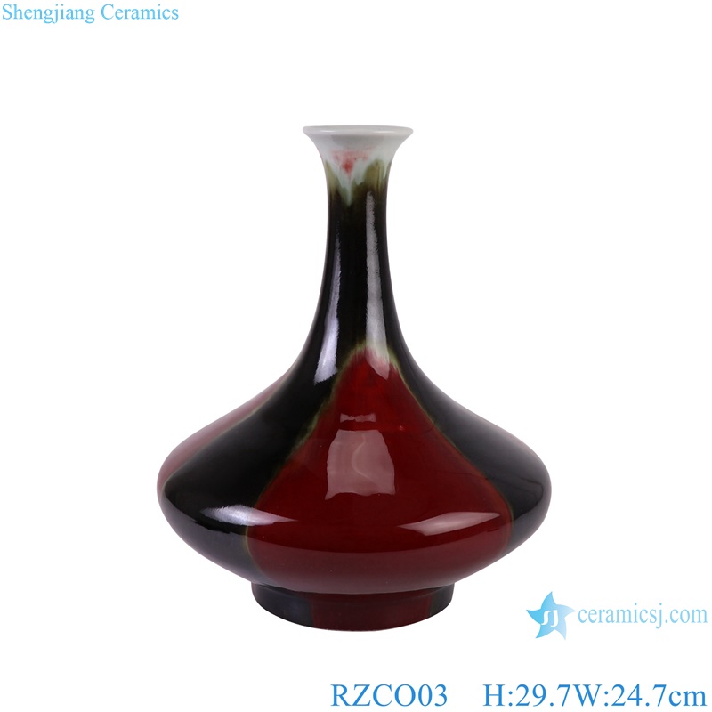 Antique Oxblood Red and Black Ceramic tabletop Flat Belly Decorative plum vase