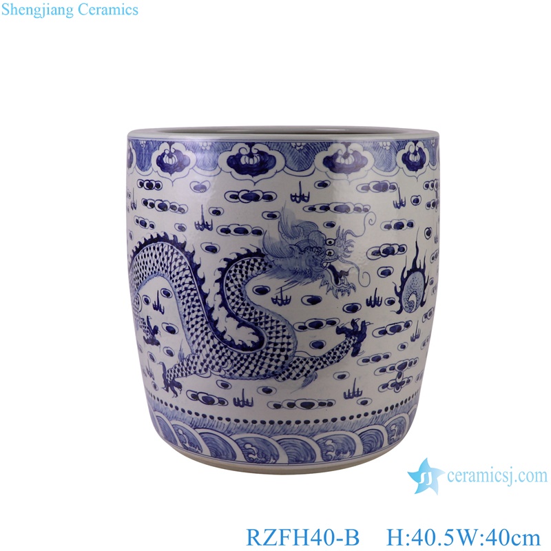 Blue and White Porcelain Dragon Pattern Straight Ceramic Big Flower Pot Garden Planter