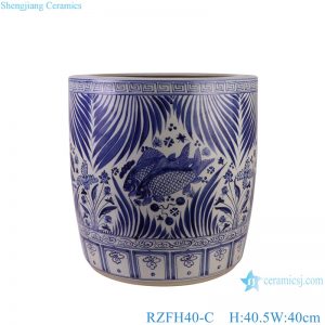 RZFH40-C Blue and White Porcelain Waterweeds Patterns Straight Antique Ceramic Flower Pot Garden Planter