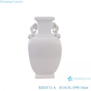 RZGY11-A White color Four sides Shape flat belly Carved Ears Decorative Porcelain Flower vase